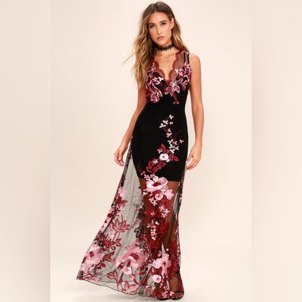 Lulus Work the Bloom Wine Red and Black Embroidered Maxi Dress